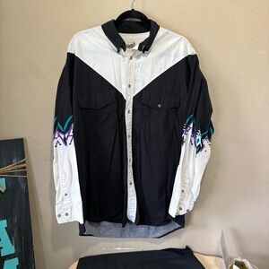 Men’s Vintage Express Rider Cream Black Button Up Western Shirt Sz L Aztec